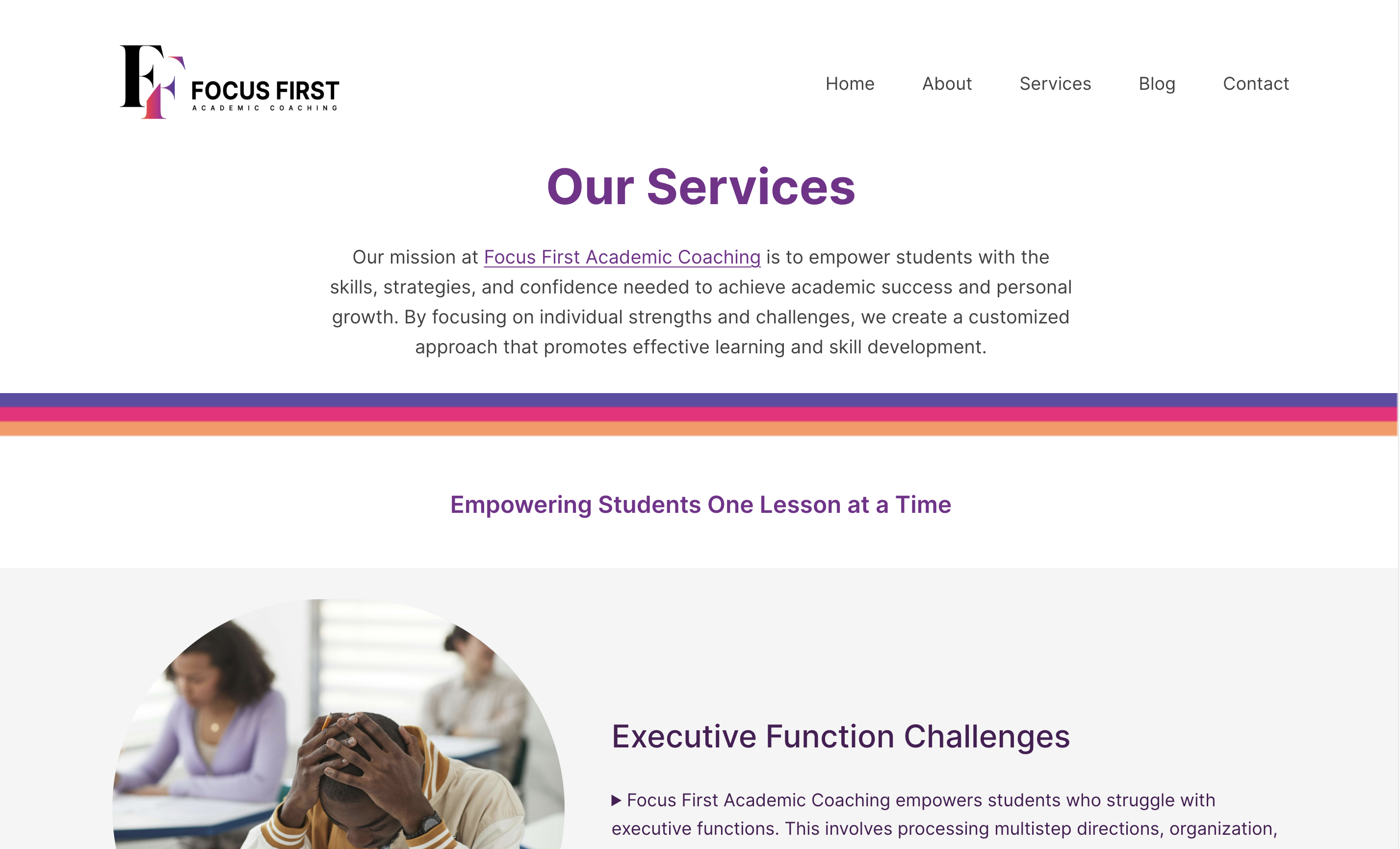 Our Services Page of Focus First Academic Coaching